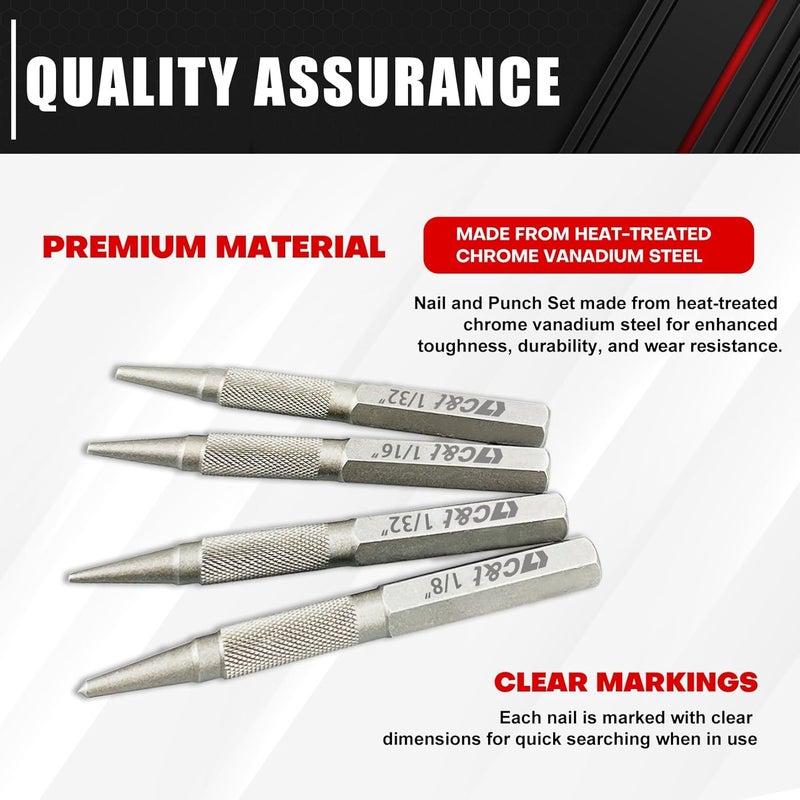 CT+ 4-Piece Nail and Punch Set, 1/32, 1/16, 3/32, 1/8Inch, Nail Setter Punch & Center Punch Set, Professional woodworking and carpentry tool kit - Image 3